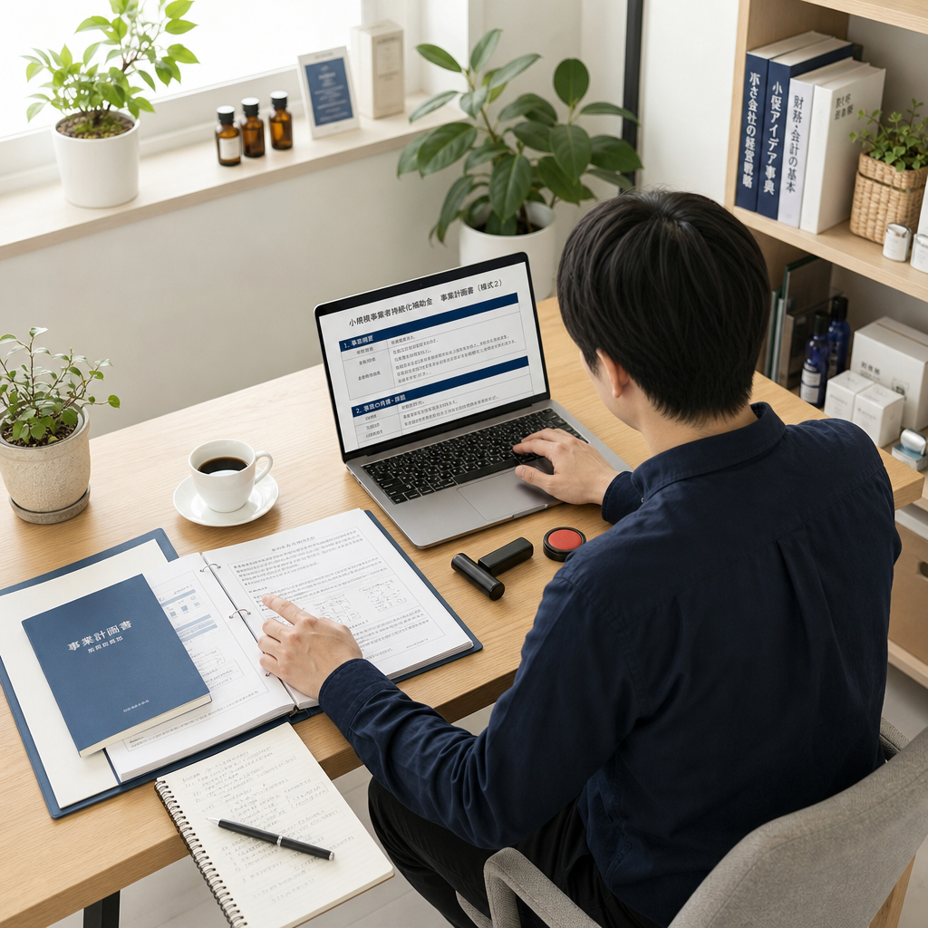 一人社長が事業計画書を確認しながらノートPCで補助金申請書を作成している様子
